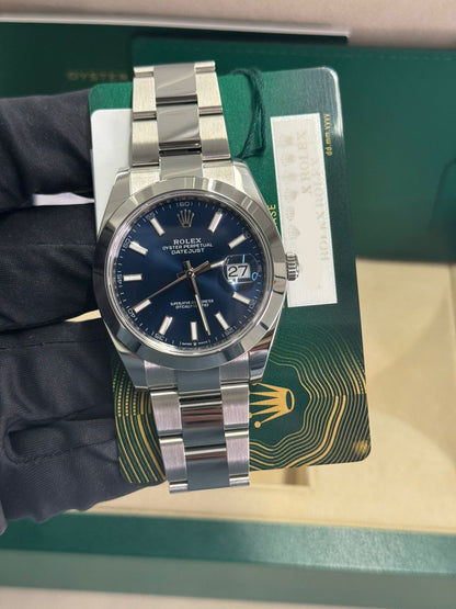 Rolex Stainless Steel Datejust 41 Date Watch - 41 MM - Oyster Bracelet - Smooth Bezel - Blue Dial - 126300-0001