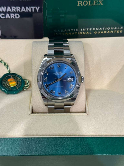 Rolex Stainless Steel Datejust 41 Date Watch - 41 MM - Oyster Bracelet - Smooth Bezel - Blue Roman Dial -  126300-0017