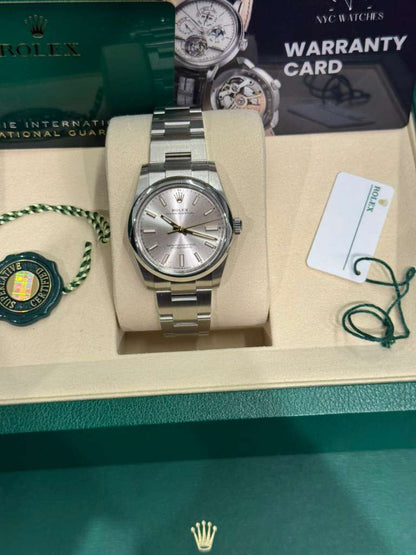 Rolex Stainless Steel Oyster Perpetual no date Watch - 34 MM - Oyster Bracelet - Silver Dial - 124200-0001