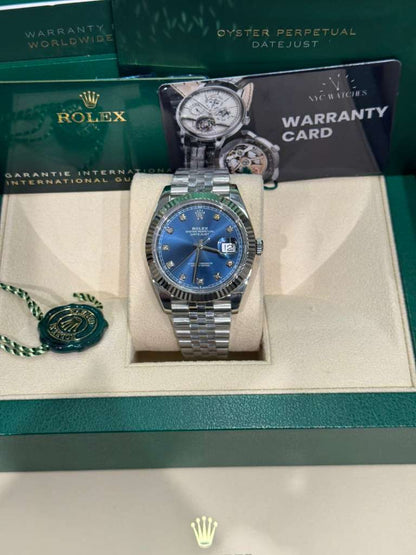 Rolex Stainless Steel and White Gold Datejust 41 Date Watch - 41 MM - Jubilee Bracelet - Fluted Bezel - Blue Diamond Dial - 126334-0016