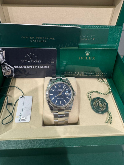 Rolex Stainless Steel and White Gold Datejust 41 Date Watch - 41 MM - Oyster Bracelet - Fluted Bezel - Blue Dial - 126334-0001