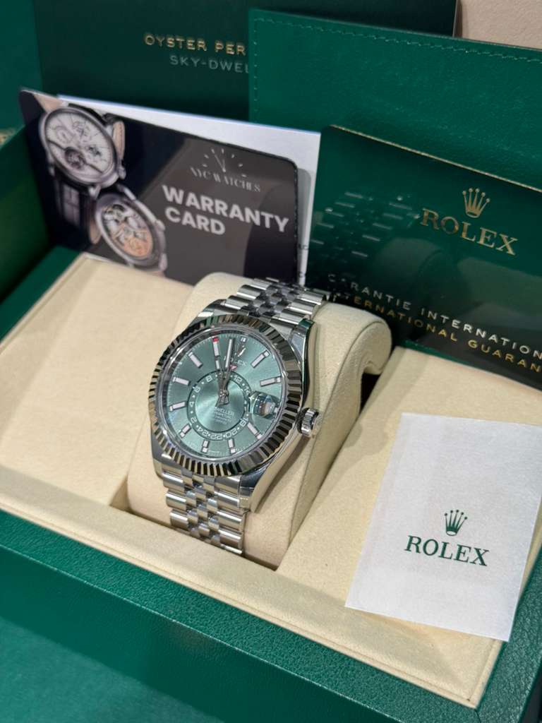 Rolex Stainless Steel and White Gold Sky Dweller Watch - 42 MM - Jubilee Bracelet - Fluted Bezel - Mint Green Index Dial - 336934 mgij