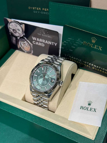 Rolex Stainless Steel and White Gold Sky Dweller Watch - 42 MM - Jubilee Bracelet - Fluted Bezel - Mint Green Index Dial - 336934-0002