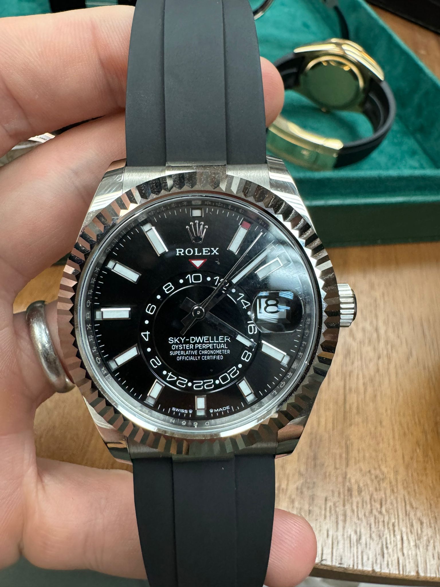 Rolex White Gold Sky-Dweller Watch - 42 MM - Fluted Ring Command Bezel - Black Index Dial - Oysterflex Strap - 336239