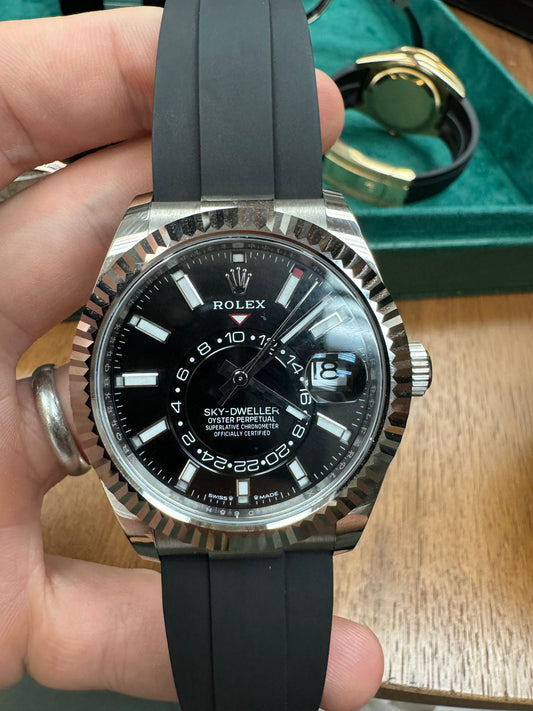 Rolex White Gold Sky-Dweller Watch - 42 MM - Fluted Ring Command Bezel - Black Index Dial - Oysterflex Strap - 336239