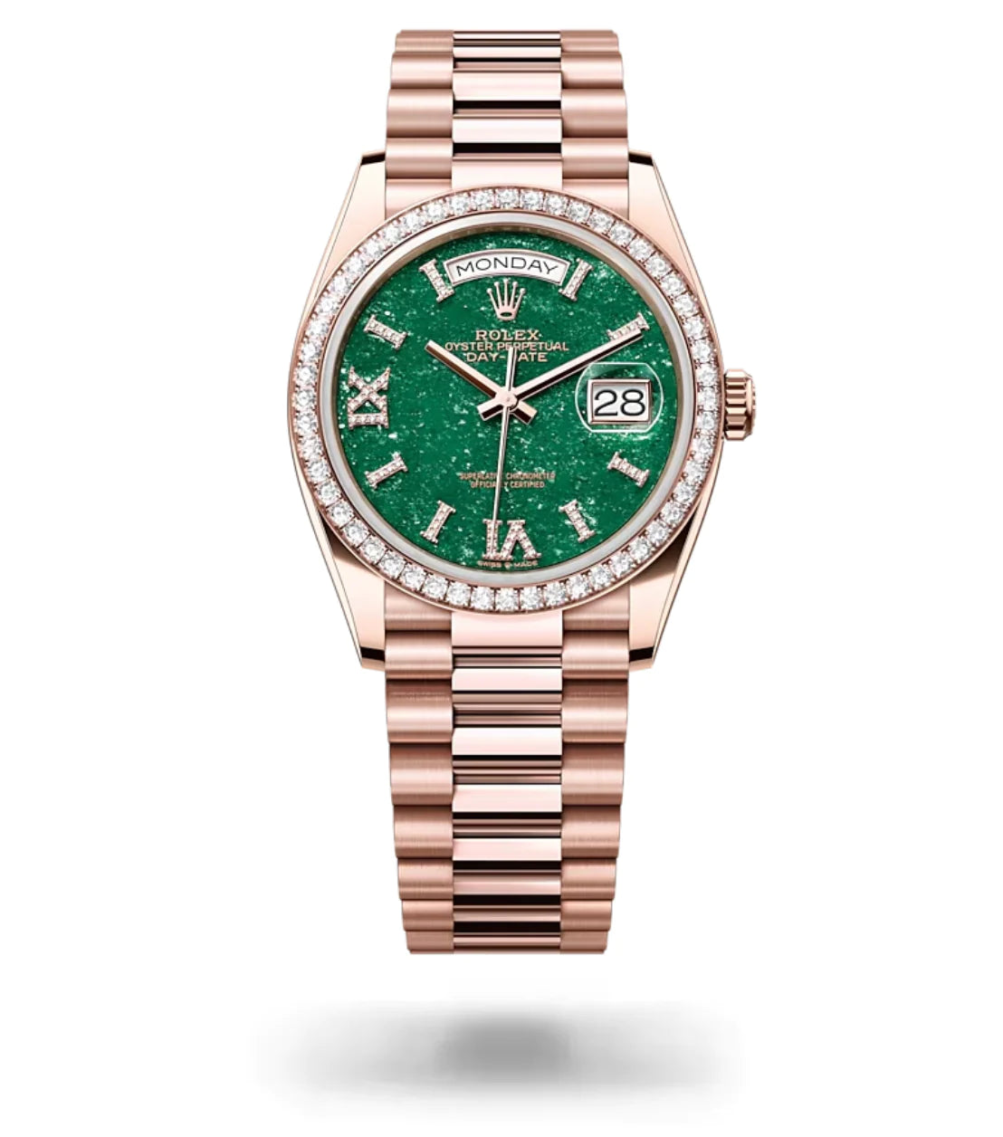 Rolex Rose Gold Day-Date Watch - 36 MM - President bracelet - Diamond Bezel - Green Aventurine Roman Dial - 128345RBR-0068