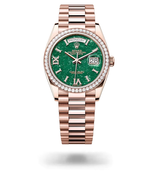 Rolex Rose Gold Day-Date Watch - 36 MM - President bracelet - Diamond Bezel - Green Aventurine Roman Dial - 128345RBR-0068