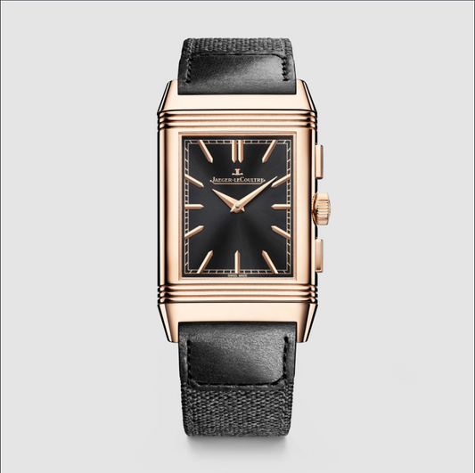JLC - Reverso Tribute Chronograph - 30 MM - 18k Pink Gold - Black Dial - Calf Leather and Canvas Strap - JLC Q389257J