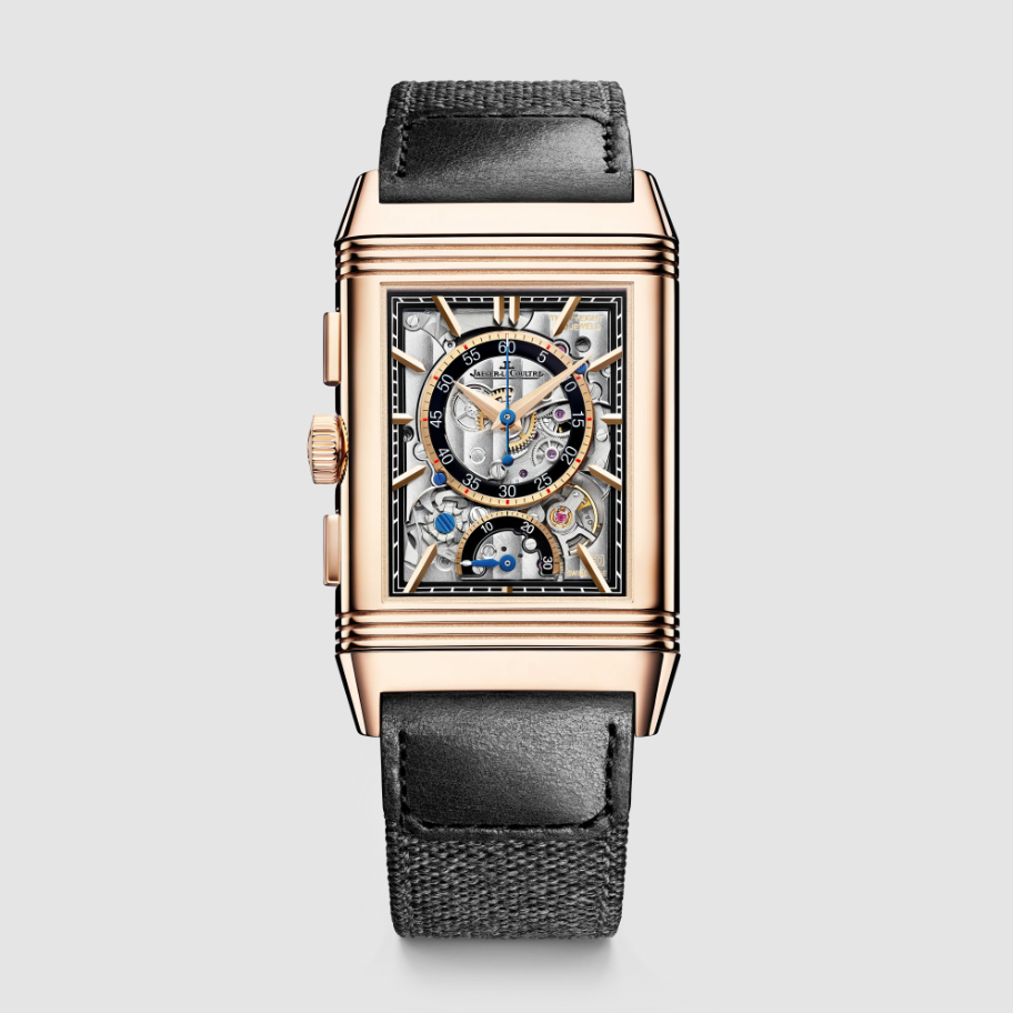 JLC - Reverso Tribute Chronograph - 30 MM - 18k Pink Gold - Black Dial - Calf Leather and Canvas Strap - JLC Q389257J