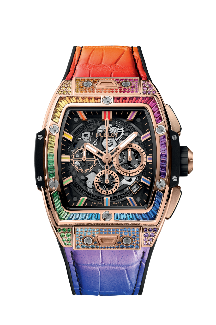 Hublot Spirit of Big Bang King Gold Rainbow 42 MM - Black Rubber and Multicolored Alligator Leather Straps - Diamond Bezel - Sapphire Crystal Dial - 642.OX.0118.LR.0999