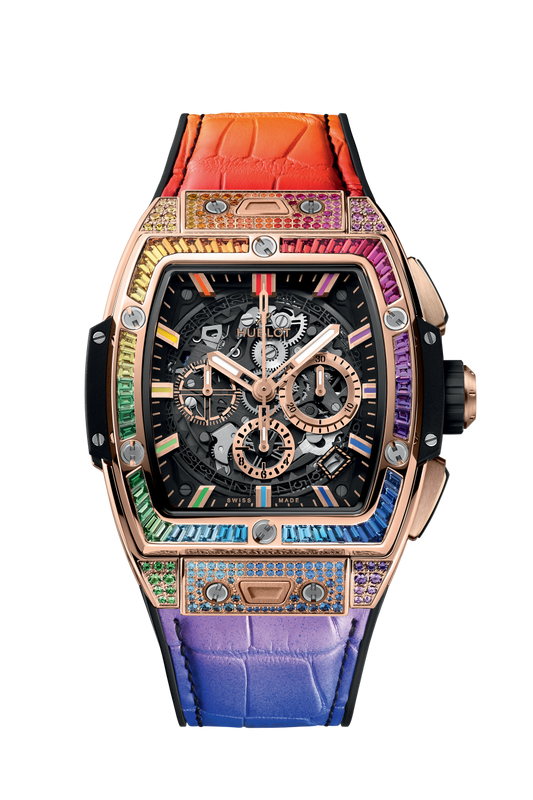 Hublot Spirit of Big Bang King Gold Rainbow 42 MM - Black Rubber and Multicolored Alligator Leather Straps - Diamond Bezel - Sapphire Crystal Dial - 642.OX.0118.LR.0999