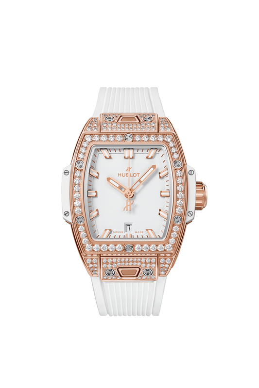 Hublot Spirit of Big Bang King Gold White Pave 32 MM - White Rubber Strap - Diamond Bezel - Matte White Dial - 682.OE.2080.RW.1604