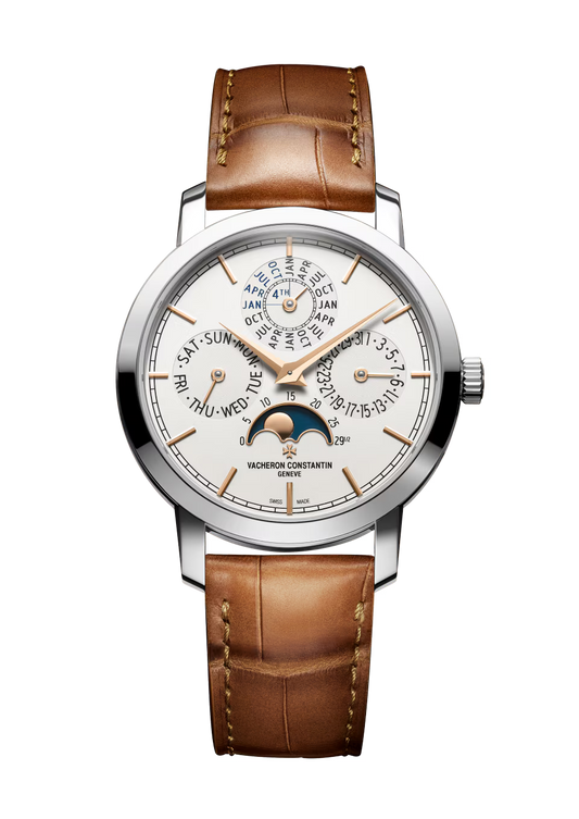 Vacheron Constantin Traditionnelle Perpetual Calendar Ultra-Thin White Gold 36.5 MM - Light Brown Leather Strap - Silver Dial - 4300T/000G-H106