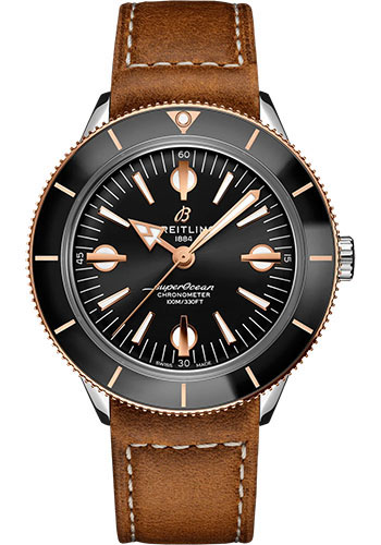 Breitling Superocean Heritage Stainless Steel and Rose Gold 42 MM - Brown Leather Strap - Black Dial - U10370121B1X2