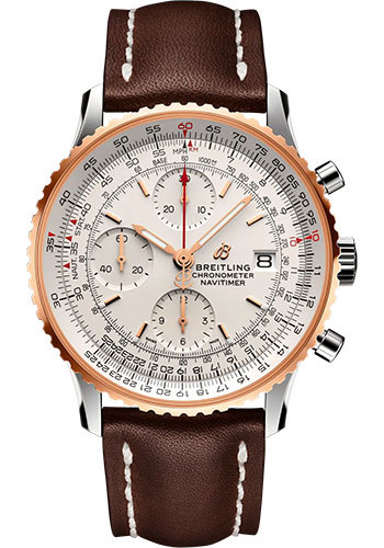 Breitling Navitimer Stainless Steel and Rose Gold 41 MM - Brown Leather Strap - Silver Dial - U13324211G1X2