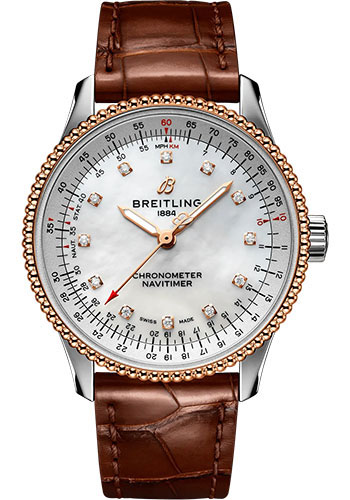 Breitling Navitimer Stainless Steel and Rose Gold 35 MM - Brown Leather Strap - Mother-Of-Pearl Dial - U17395211A1P1