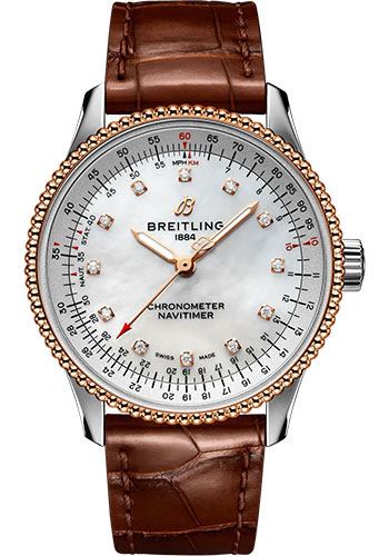 Breitling Navitimer Stainless Steel and Rose Gold 35 MM - Brown Leather Strap - Mother-Of-Pearl Dial - U17395211A1P2