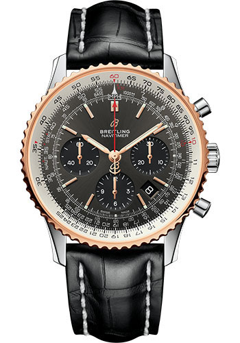 Breitling Navitimer Stainless Steel and Rose Gold 43 MM - Black Leather Strap - Stratos Gray Dial - UB0121211F1P1