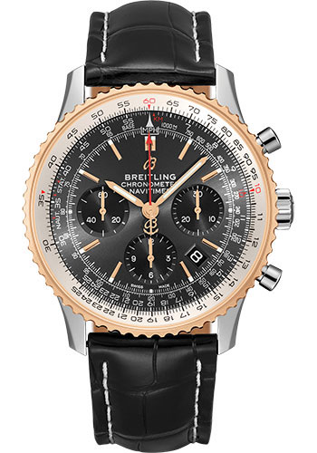 Breitling Navitimer Stainless Steel and Rose Gold 43 MM - Black Leather Strap - Stratos Gray Dial - UB0121211F1P2