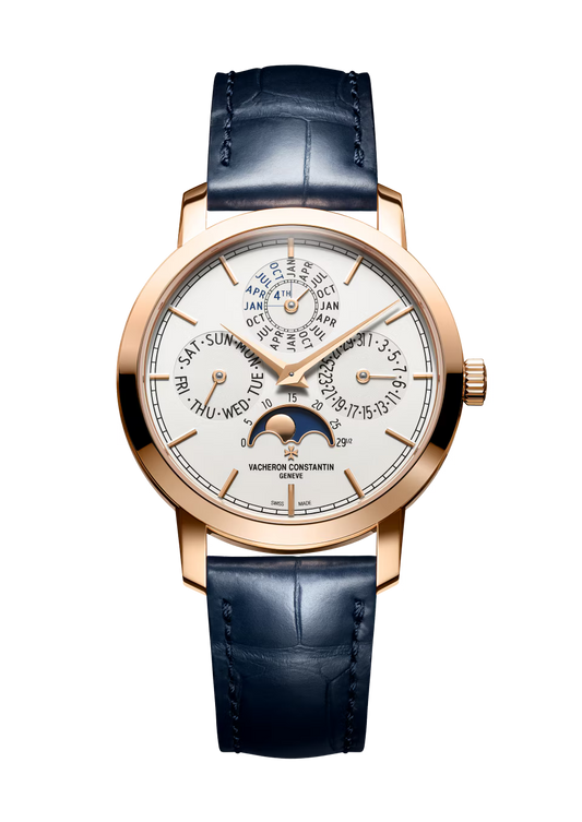 Vacheron Constantin Traditionnelle Perpetual Calendar Ultra-Thin Pink Gold 36.5 MM - Dark Blue Leather Strap - Silver Dial - 4300T/000R-H107