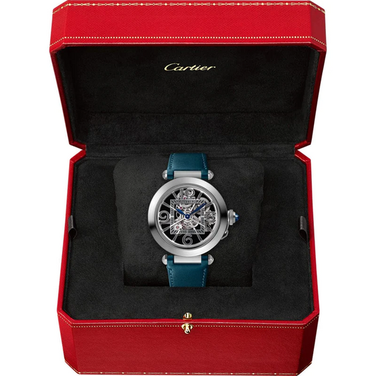 Cartier Pasha de Cartier Steel 41 MM - Blue Calfskin Strap - Skeleton Dial - WHPA0009