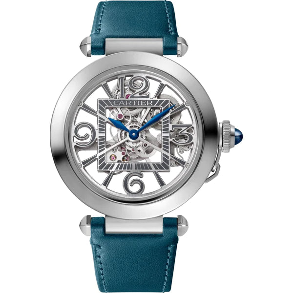 Cartier Pasha de Cartier Steel 41 MM - Blue Calfskin Strap - Skeleton Dial - WHPA0009