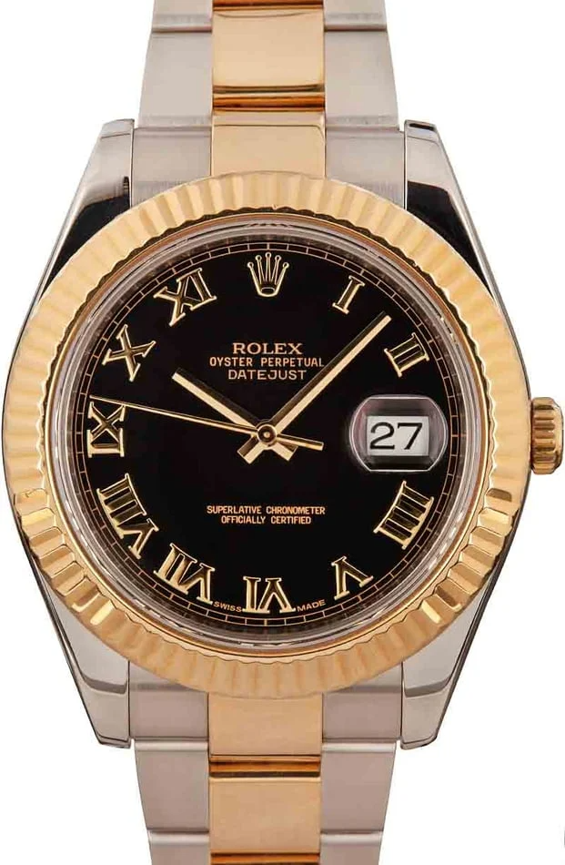 Rolex Datejust II Stainless Steel and Yellow Gold 41 MM - 2 Tone - Oyster Bracelet - Fluted Bezel - Black Roman Dial - 116333