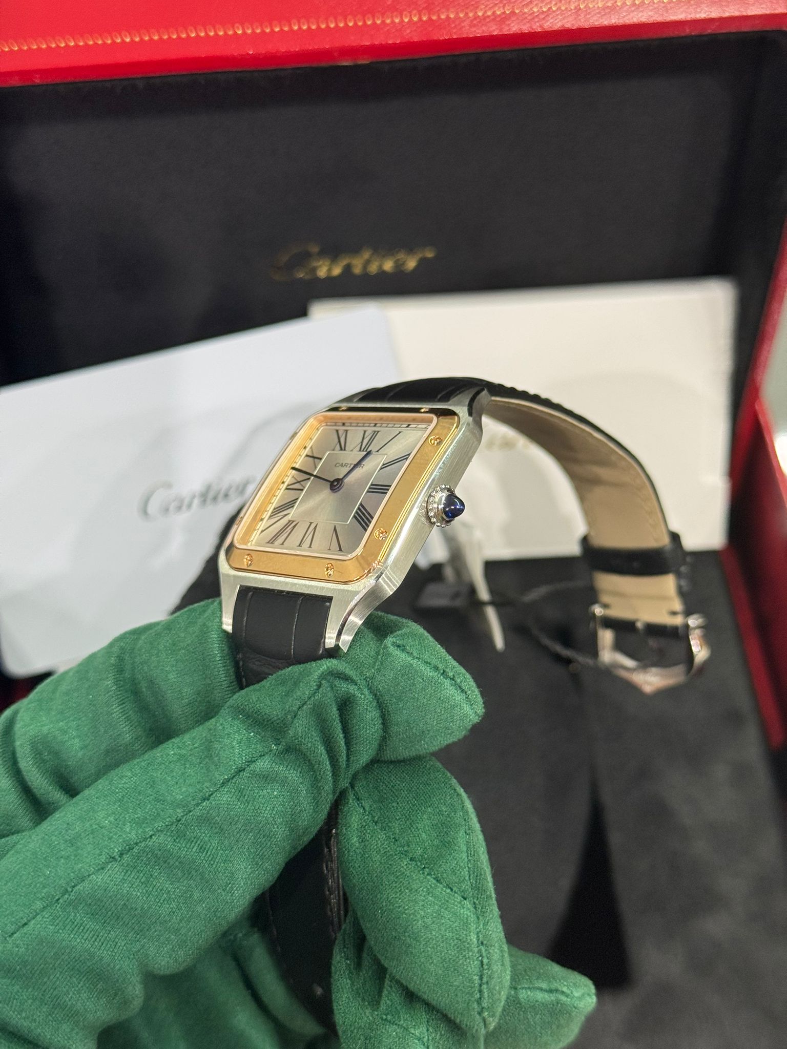 Cartier Santos de Cartier-Dumont Stainless Steel - Rose Gold Bezel - 43.5 MM (Large Model) - Black Leather Strap - Silver Dial - W2SA0037