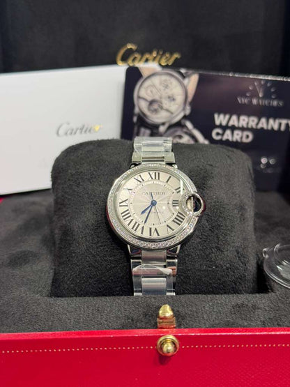 Cartier Ballon Bleu Stainless Steel Diamond 33 MM - Stainless Steel Bracelet - White Dial - W4BB0023