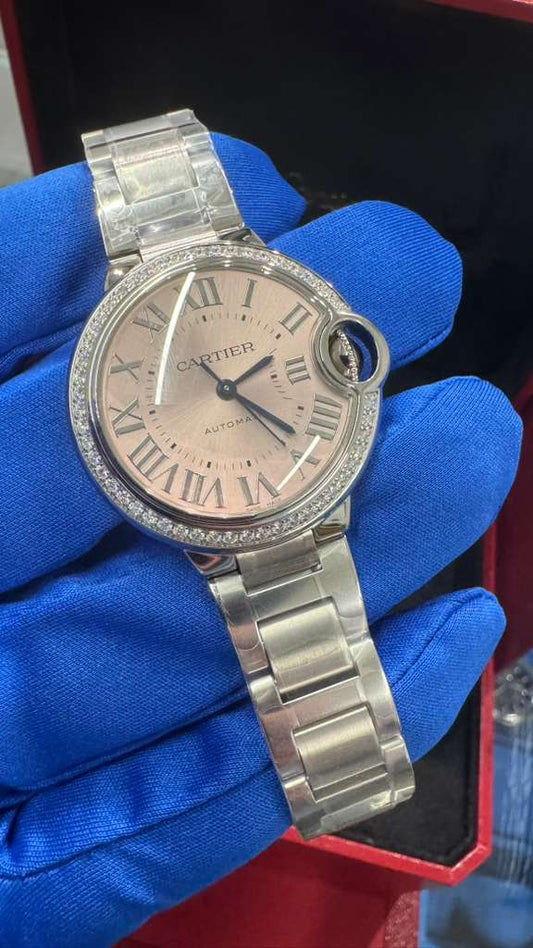 Cartier Ballon Bleu Stainless Steel Diamond 33 MM (Small Model) - Stainless Steel Bracelet - Pink Dial - W4BB0037