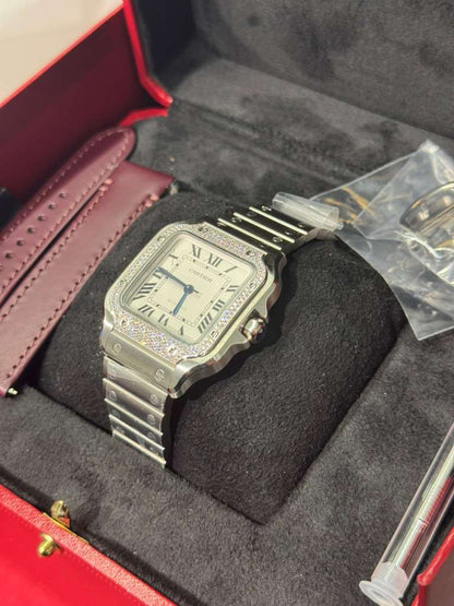 Cartier Santos de Cartier Stainless Steel 35.1 MM (Medium Model) - Stainless Steel Bracelet - White Dial - W4SA0005