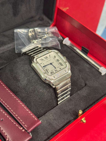 Cartier Santos de Cartier Stainless Steel 35.1 MM (Medium Model) - Stainless Steel Bracelet - White Dial - W4SA0005