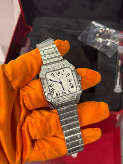 Cartier Santos de Cartier Stainless Steel 35.1 MM (Medium Model) - Stainless Steel Bracelet - White Dial - W4SA0005