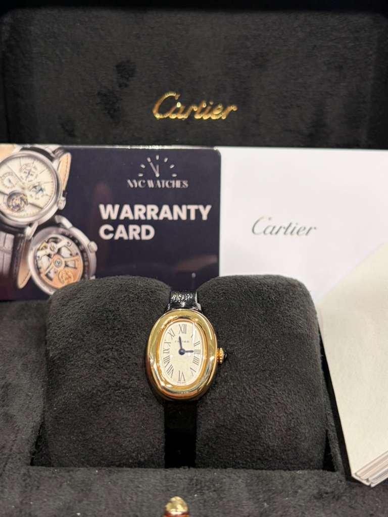 Cartier Baignoire Yellow Gold 34.6 MM (Mini model) - Black Patent Leather Strap - Silvered Dial - WGBA0075