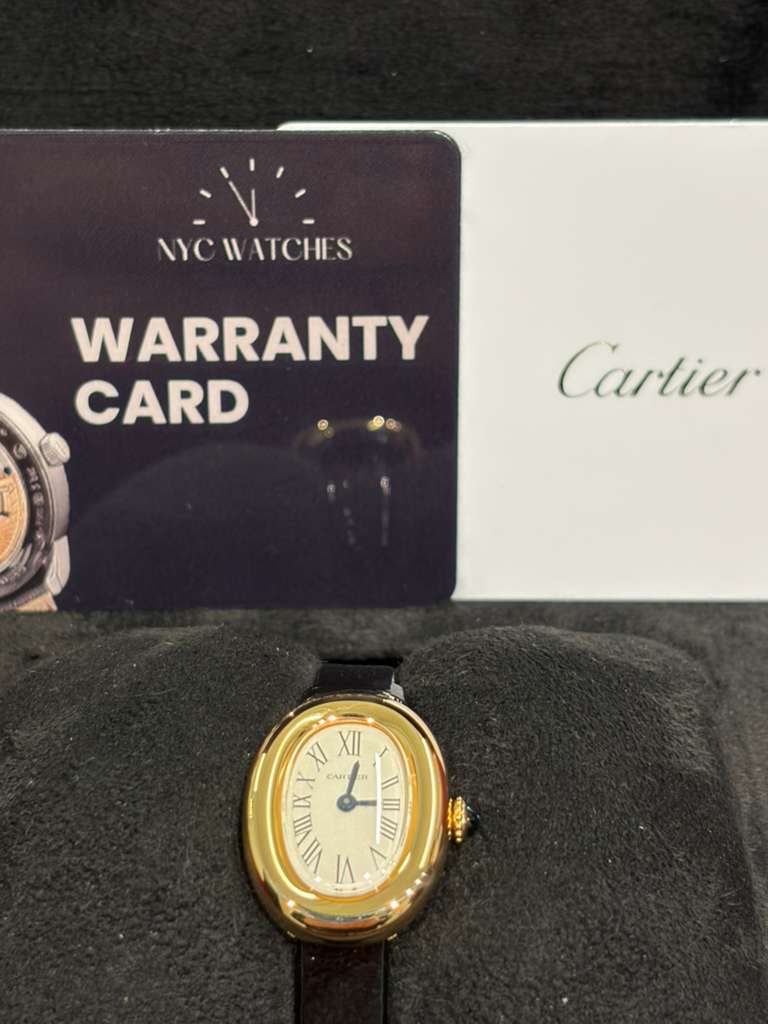 Cartier Baignoire Yellow Gold 24.6 MM (Mini model) - Black Patent Leather Strap - Silvered Dial - WGBA0075
