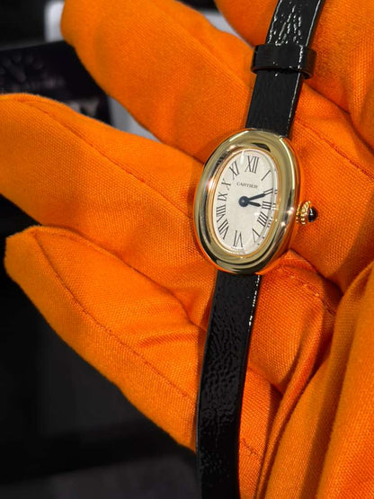Cartier Baignoire Yellow Gold 24.6 MM (Mini model) - Black Patent Leather Strap - Silvered Dial - WGBA0075