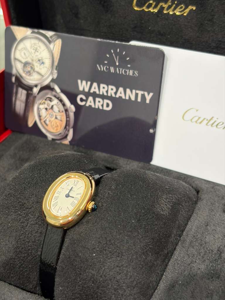 Cartier Baignoire Yellow Gold 24.6 MM (Mini model) - Black Patent Leather Strap - Silvered Dial - WGBA0075