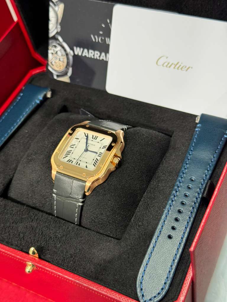 Cartier Santos de Cartier Rose Gold 35.1 MM (Medium Model) - Grey Leather Strap - Silver Dial - WGSA0028