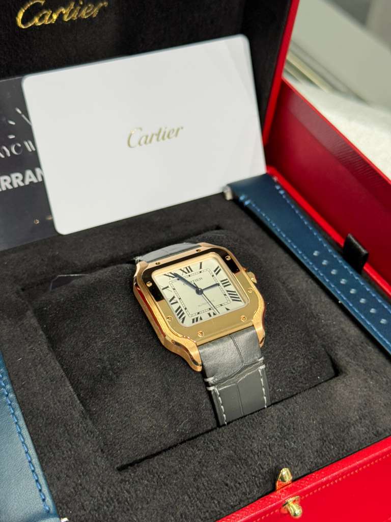 Cartier Santos de Cartier Rose Gold 35.1 MM (Medium Model) - Grey Leather Strap - Silver Dial - WGSA0028