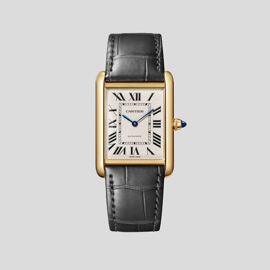 Cartier Tank Yellow Gold (Large Model) 38 MM - Semi-Matte Gray Leather Strap - Yellow Gold Bezel - Stamped Silvered Dial - WGTA0357