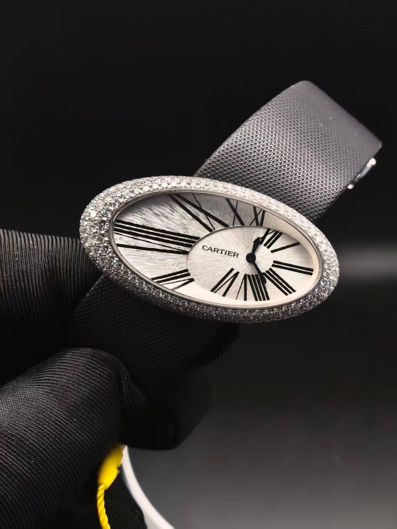 Cartier Baignoire Hypnose de Cartier White Gold 23 x 44 mm - Black Alligator Leather Bracelet - Silvered Dial - Diamond Bezel - WJ301949
