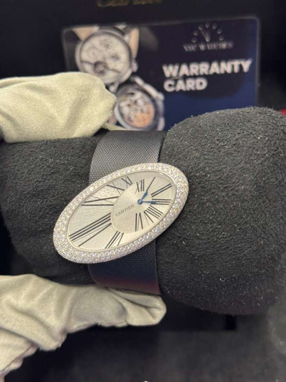 Cartier Baignoire Hypnose de Cartier White Gold 23 x 44 mm - Black Alligator Leather Bracelet - Silvered Dial - Diamond Bezel - WJ301949