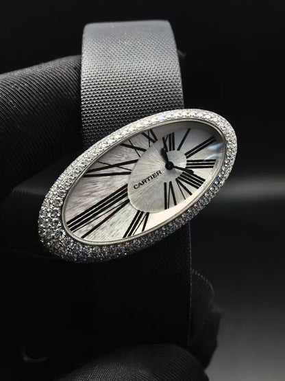 Cartier Baignoire Hypnose de Cartier White Gold 23 x 44 mm - Black Alligator Leather Bracelet - Silvered Dial - Diamond Bezel - WJ301949