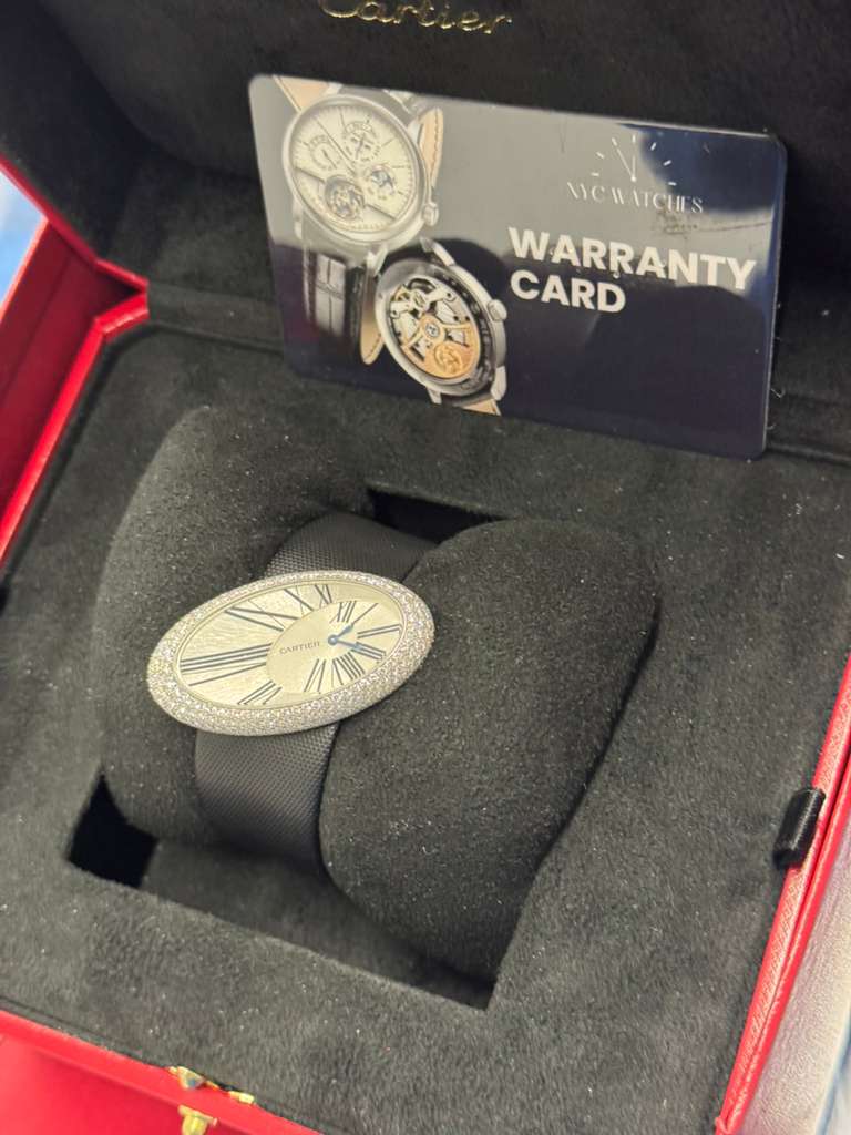 Cartier Baignoire Hypnose de Cartier White Gold 23 x 44 mm - Black Alligator Leather Bracelet - Silvered Dial - Diamond Bezel - WJ301949