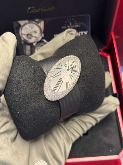 Cartier Baignoire Hypnose de Cartier White Gold 23 x 44 mm - Black Alligator Leather Bracelet - Silvered Dial - Diamond Bezel - WJ301949