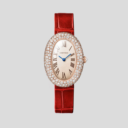Cartier Baignoire Rose Gold 36 MM (Medium model) - Red Alligator Leather Strap - Diamond Bezel - Silvered Grained Dial - WJBA0047