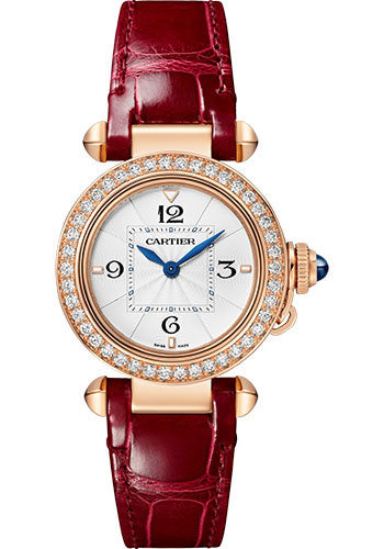 Cartier Pasha de Cartier Rose gold 30 MM - Red Alligator Leather Strap - Diamond Bezel - Opaline Flinqué Dial - WJPA0017