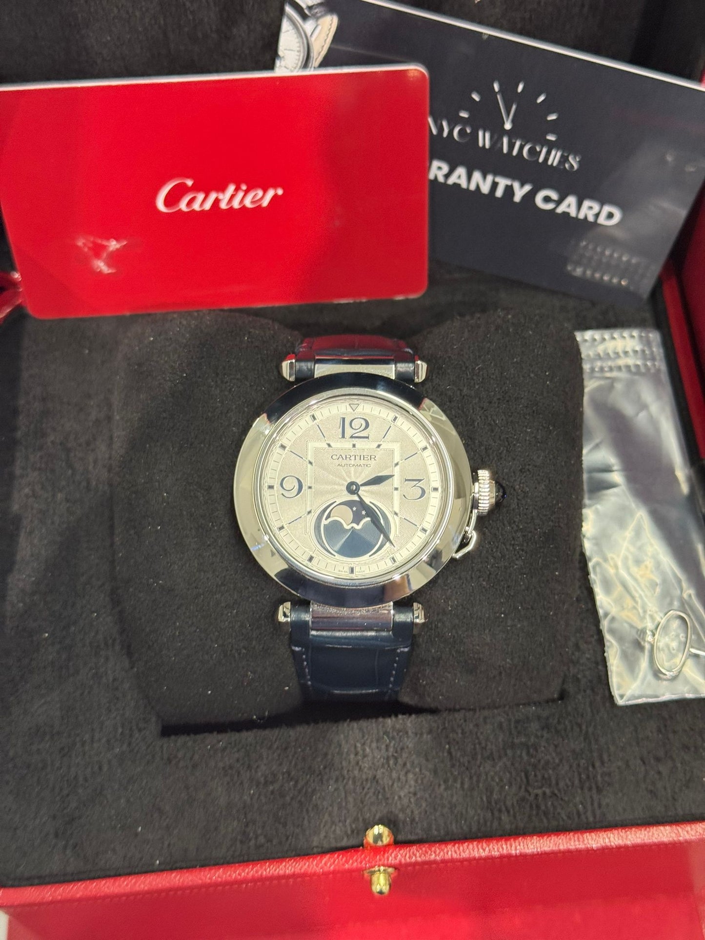 Cartier Pasha de Cartier Steel 41 MM - Blue Alligator Leather Strap -&nbsp; Second Strap in Gray Alligator Leather - Silver Flinqué Dial - WSPA0030