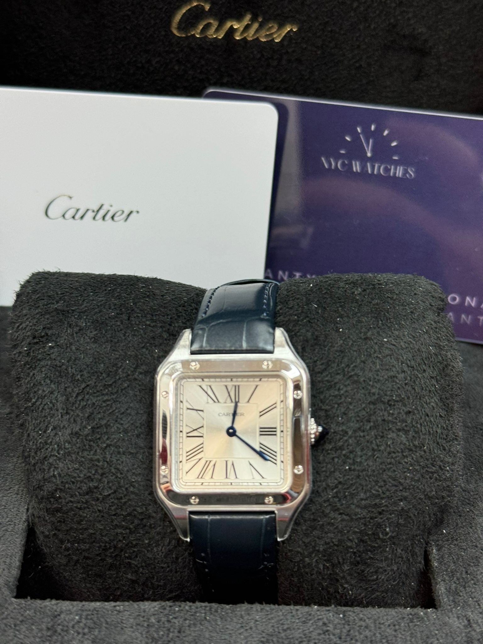 Cartier Santos-Dumont Stainless Steel 43.5 MM (Large Model) - Blue leather Strap - Silver Dial - WSSA0022