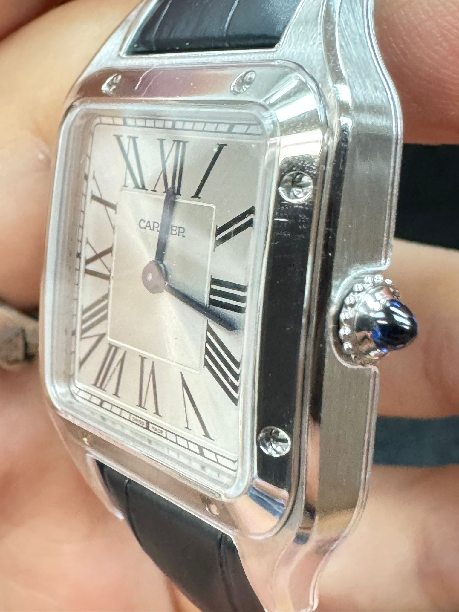 Cartier Santos-Dumont Stainless Steel 43.5 MM (Large Model) - Blue leather Strap - Silver Dial - WSSA0022